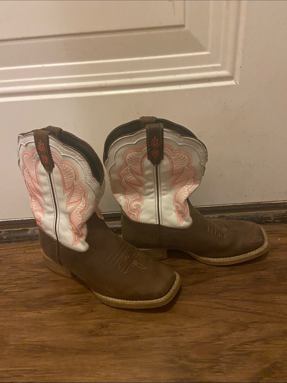Durango Brown & White Western Cowboy Boots with Pink Stitching